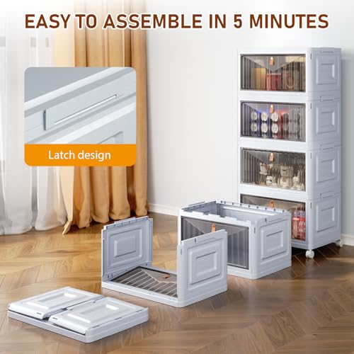 4 Tier Stackable Plastic Storage Bins with Lid and Wheels - 23 QT Closet Organizers and Storage, Foldable Storage Containers, Organization and Storage Boxes for Craft, Home, Pantry, Dorm, Grey - color: Grey