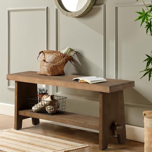 HOKYHOKY Solid Wood Entryway Bench - 43.3" Farmhouse Long Storage Bench, Rustic Narrow Bench Seat for Indoor, Entryway, Dining Room, Living Room and Hallway, Brown - size: 43.3"