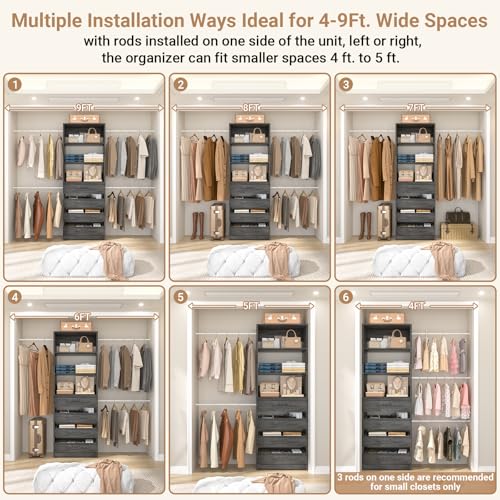 Aheaplus Closet System Set of 2, 4-9Ft Wood Closet Organizer with 8 Drawers & Shelves, Closet Organizer System with 8 Hanging Rods, Walk-in Closets Organizer Wardrobe Closet Rack, Black Oak - color: Black Oak-2Sets
