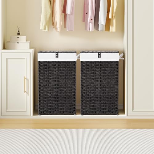 Greenstell Laundry Hamper with Lid, 60L Clothes Hamper with 2 Removable Liner Bags & 2 Mesh Bags, Handwoven Synthetic Rattan Basket, Toys in Bathroom, Bedroom Black - color: Black, size: 60L (13.4 x 13.4 x 21.7 inches)
