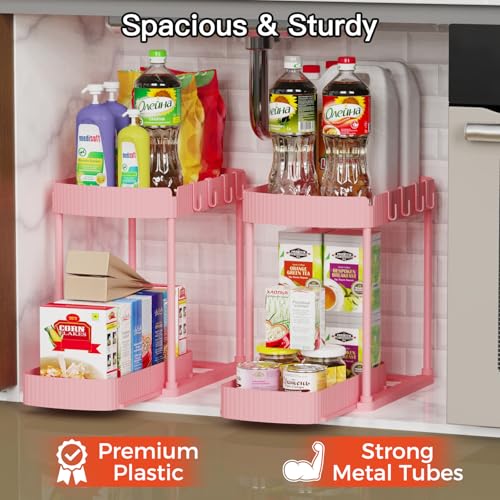 Ukeetap 2 Pack Multi-Purpose Pull-Out Storage Organizers, Under Sink Organizers and Storage for Bathroom & Kitchen, Under Cabinet Organizers and storage, 14.8 Inch, Pink - color: Pink, size: 14.8 Inch
