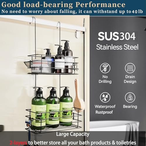 Shower Organizer Hanging Shower Caddy with Rotatable Hook bar Over the Door and Can be Hung on the Faucet or Claw Foot, Stainless Steel Rust Proof and Durable （Black） - color: Black, size: 2-Tier