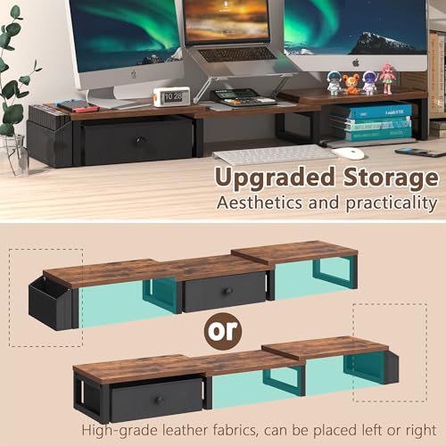 LAND·VOI Heavy Duty Dual Monitor Stand, Holds 2 Screens Up to 27 Inches, Adjustable Length and Angle Monitor Riser, Desk Organizer with Side Pockets and Drawers, Home Office Desk Storage, Rustic Brown - color: Rustic Brown, size: Separate-Type