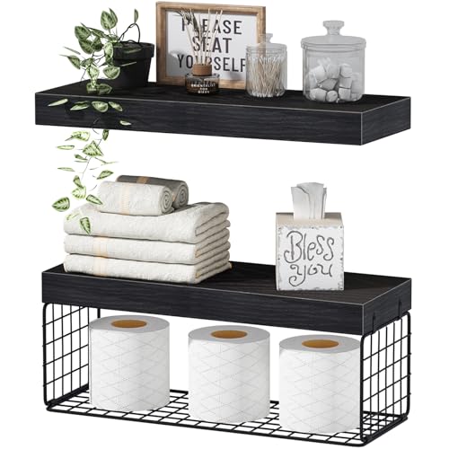 QEEIG Bathroom Shelves Over Toilet - Wall Mounted Floating Shelves Toilet Paper Storage Small Farmhouse Decor Shelf 16 inch Set of 2, Black (019-B2) - color: C. Black, size: 2pcs