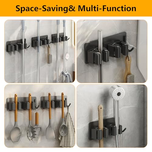 Broom Holder Wall Mount No Drill,Broom and Mop Organizer Wall Hanging Heavy Duty with Hooks Hanger, Self Adhesive Stainless Steel Broom Organizer for Bathroom, Kitchen, Laundry Room Storage (6Pcs)