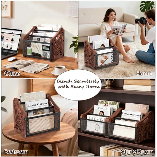 Magazine Holder,3-Compartment Magazine Rack Floor,Wood Magazines File Holder Organizer,Rustic Magazines Storage Basket for Books,Newspapers,Mails,Files - color: Brown