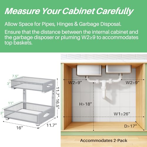 Under Sink Organizer, 2-Pack Pull Out Cabinet Organizer 2 Tier Metal Slide Out Storage Shelf Rack, L-Shaped Adjustable Height,Mesh Sliding Drawer for Kitchen, Bathroom, Laundry, Pantry, Grey, XL - color: Grey, size: 2-Pack (XL)