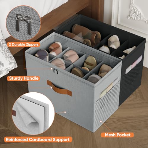 2 Pack Shoe Organizer for Closet,Foldable Shoe Storage Organizer with Adjustable Dividers, Shoe Storage Box with Clear Cover, Fits up to 16 Pairs,Black & Gray - color: Black & Gray, size: 2 Pack
