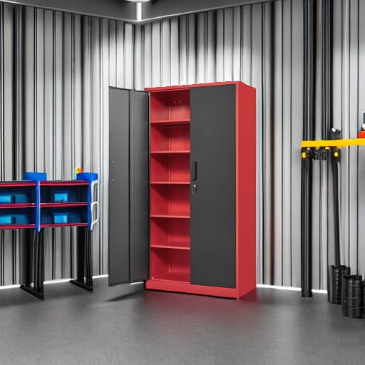 Yizosh Metal Garage Storage Cabinet with 2 Doors and 5 Adjustable Shelves - 71" Steel Lockable File Cabinet,Locking Tool Cabinets for Office,Home,Garage,Gym,School (Red Black) - color: Red Black, size: 71"H x 32"W x 16"D-A