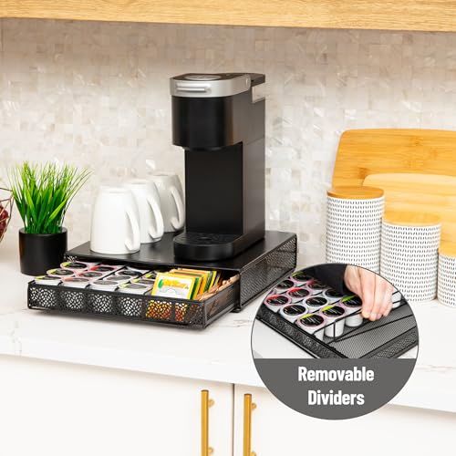 Mind Reader Single Serve Coffee Pod Drawer, 36 Pod Capacity, Countertop Organizer, Removable Dividers, Metal, Black - style: Square 36 Capacity