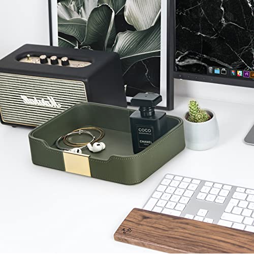 SANZIE Luxury Leather Tray Desktop Storage Catchall Organizer Decorative Tray for Entryway Table to Hold Jewelry Watch Keys Phone Wallet (Metal Gilded, Dusty Green) - color: Dusty Green