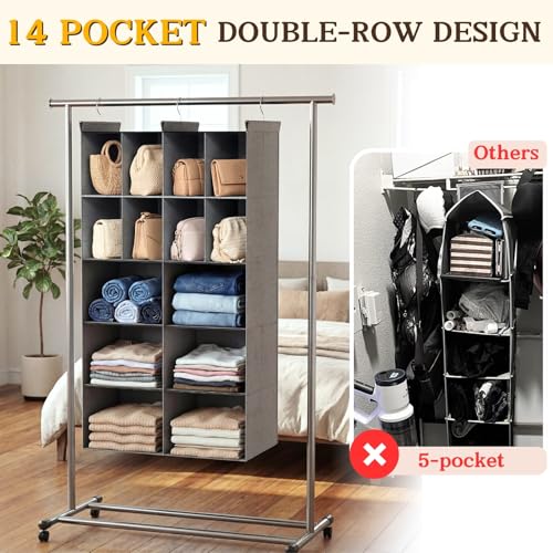 Ofiray-home 5 Tier Hanging Closet Organizer, 14 Compartments Sweater Organizer for Closet with 3 Sturdy Hooks, Closet Organizers and Storage, Wardrobe, Rv, Garment Rack, Grey - color: Grey, size: 5-Tier