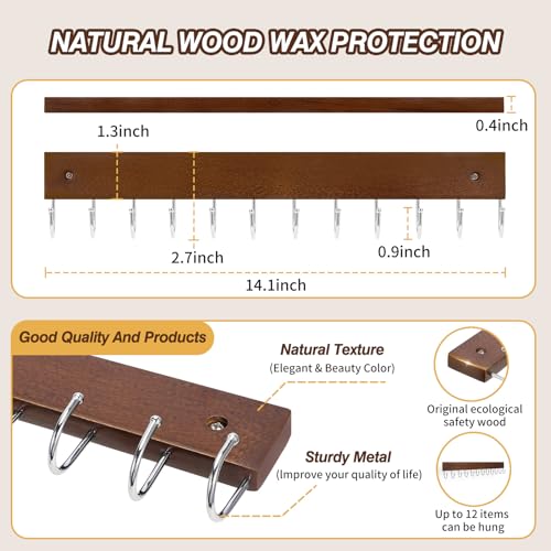 UNIFUN Wall Mounted Key Hooks, 12 Hook Organizer Rack for Entryway, Kitchen, Bathroom, Heavy Duty Key Holder Hanger, Brown Wood Finish, 2 Pack - size: 2 Pack