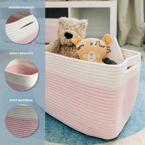 OrganiHaus Rope Baskets for Shelves - Set of 3 Woven Storage Baskets for Organizing, Closet & Toy Storage - Pink/Off-White - 15x9x10 - color: Pink / Off-White