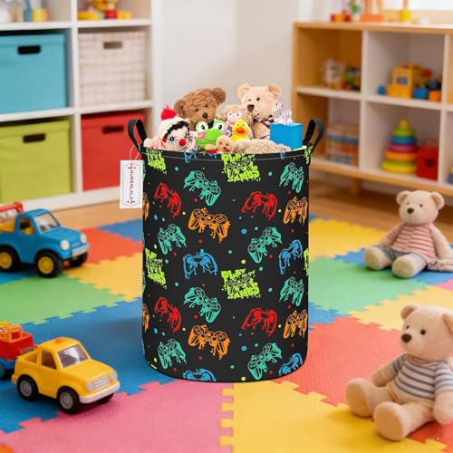 QUEENLALA Large Storage Basket,Laundry Hamper/Bathroom/Home Decor/Collapsible Round Storage Bin,Boys and Girls Hamper/Boxes/Clothing(Round-Black Game) - color: Round-Black Game