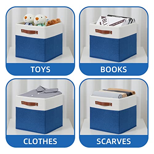 Temary 11 Storage Cube Bins for Shelves, Closet - 4 Pack Fabric Baskets With Leather Handles (White & Blue) - color: White&Blue, size: 11×11×11