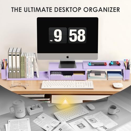OPNICE Desk Organizers and Accessories, Dual Computer Monitor Stand Riser with Drawer and 2 Pen Holders, Office Desk Accessories, Workspace Desktop Organization for Office Supplies (Purple Metal ) - color: Purple Metal, size: With drawer and pen holder