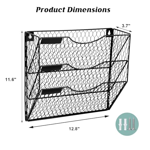 EASEPRES Mail Organizer Wall Mount Hanging File Holder Storage, Metal Chicken Wire Magazine Rack 3 Tier, Black - color: Black, size: 3 Tier