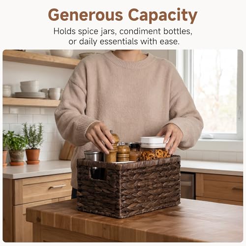 StorageWorks Storage Baskets for Organizing, Water Hyacinth Baskets for Shelves, Organizer Basket with Handles, Decorative Storage Basket for Closet, Pantry Organizers - color: Brown(Water Hyacinth), size: 2x 13¼"L x 8¼"W x 7"H