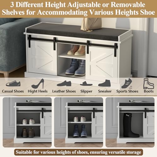 Loomie Shoe Storage Bench, 2-Tier Farmhouse Entryway Bench with Sliding Barn Door Storage Cabinets & Full Soft Removable Seat Cushion, Silm Shoe Rack with Shoe Cabinet for Entryway, Hallway, Bedroom