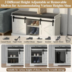 Loomie Shoe Storage Bench, 2-Tier Farmhouse Entryway Bench with Sliding Barn Door Storage Cabinets & Full Soft Removable Seat Cushion, Silm Shoe Rack with Shoe Cabinet for Entryway, Hallway, Bedroom
