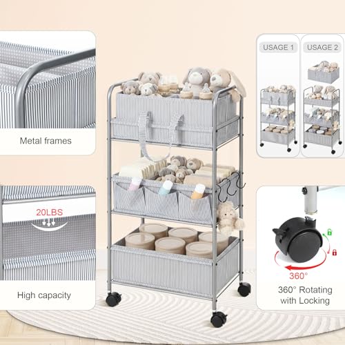 WILLBOND 2 in 1 Baby Diaper Caddy Organizer Cart, 3 Tier Large Stripe Bedside Rolling Cart Metal for Baby Essential with Divider for Newborn Registry Must Have Nursery Bedroom Mother Gift(Gray) - color: Gray