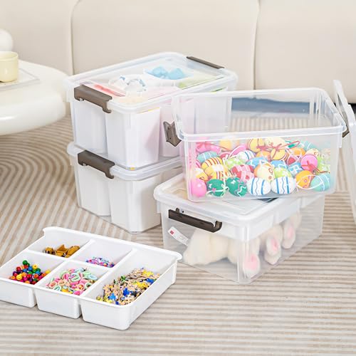Citylife 17 QT Plastic Storage Box with Removable Tray and 6 Detachable Tall Inserts Craft Organizers and Storage Clear Storage Container for Organizing Crayon, Craft, Sewing, Playdoh, 4 Packs - size: 17 Qt- 4 Pack- W