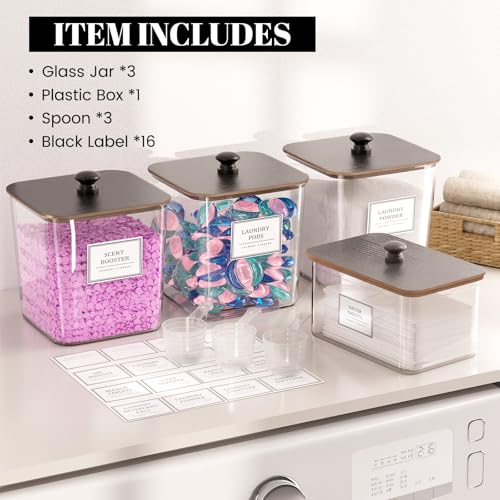Laundry Pods Storage Container, Clear Laundry Room Organization and Storage,Detergent Powder Container,with Wooden Lids & Labels, 3+1 Pack（Black） - style: 3+1-Black