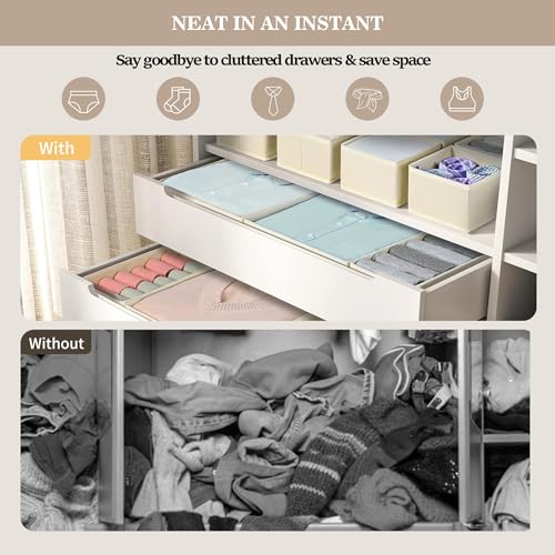 Dresser Drawer Organizers, Drawer Organizer Clothes Set for Nursery, Closet, Bedroom-12 Pack Foldable Fabric Drawers Organizer Storage Dividers for Sock, Bra, Lingerie, Undies, Baby Clothes, Beige