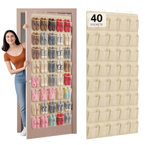 40-Pocket Over the Door Shoe Organizer - Large Mesh Pocket Hanging Shoe Organizer,Behind the Door Shoes Storage Holder Hanger - color: Beige