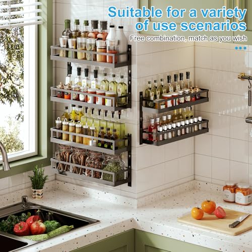 X-cosrack 6-Tier Wall-Mounted Spice Rack Organizer with Mixed Basket Sizes, Height-Adjustable Hanging Spice Shelf for Kitchen Pantry Cabinet, Large-Capacity Seasoning Holder, Black - color: Black, size: 6x 4.6"D