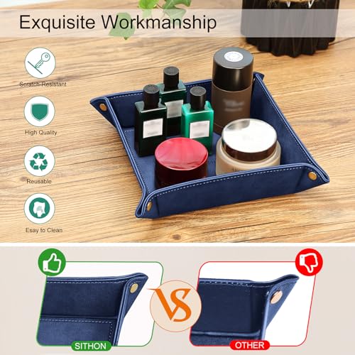 SITHON Valet Tray Desktop Storage Organizer – Premium PU Leather Catchall Bedside Vanity Tray Nightstand Caddy Holder for Keys, Phone, Wallet, Valentine's Day Gift, Dark Blue - color: Dark Blue