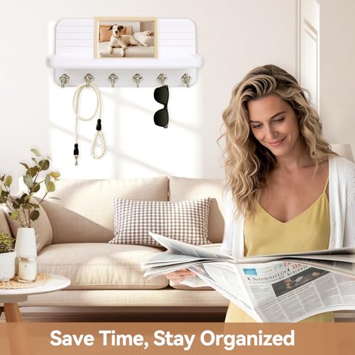 Key Holder for Wall, Mail Organizer Wall Mount with 6 Hooks Wooden Hanging Key Rack for Home Decor, Hallway, Entryway (White) - color: White