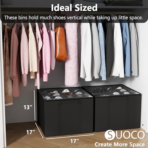 SUOCO 2 Pack Shoe Organizer for Closet, Fits up to 32 Pairs, Small Space Shoe Storage Boxes Bins Containers w/Adjustable Dividers and Clear Top, Black - color: Black