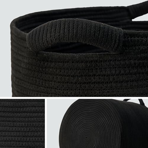 Blanket Basket - Woven Round Rope Storage Basket (16"Wx14"H) for Blankets & Throws, Small Laundry & Toy Organizer, Decorative Living Room & Bedroom Cotton Basket - Black - color: Black, size: Regular-16"Wx14"H