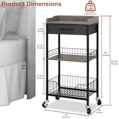 Tall Side Table with Drawer and Shelves, Narrow End Table with Optional Wheels, 4-Tier Small Side Table, 30" High for Living Room, Bedroom, Bathroom, Black & Grey - color: Black With Grey
