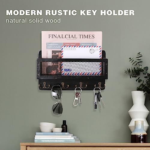 ADIIL Mail and Key Holder for Wall Decorative, Wooden Wall Mount Key Rack Hanger Organizer with 4 Double Key Hooks, Rustic Home Decor for Entryway Hallway, Black - color: Black