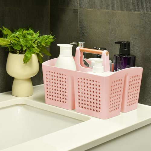 Portable Shower Caddy Basket with Compartments, Plastic Divided Cleaning Caddy Organizer Storage Tote with Handle for Bathroom, College, Dorm Room Essentials, Pink - color: Pink