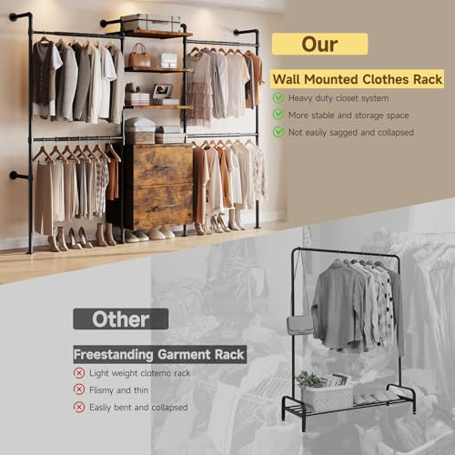 ONBRILL T2 Wall Mounted Industrial Pipe Clothing Rack, Closet Organizers and Storage System with 2 Drawers, 6 Wooden Shelves & 4 Expandable Rods, Heavy Duty Garment Rack, Wardrobe (Rustic Brown) - color: Rustic Brown