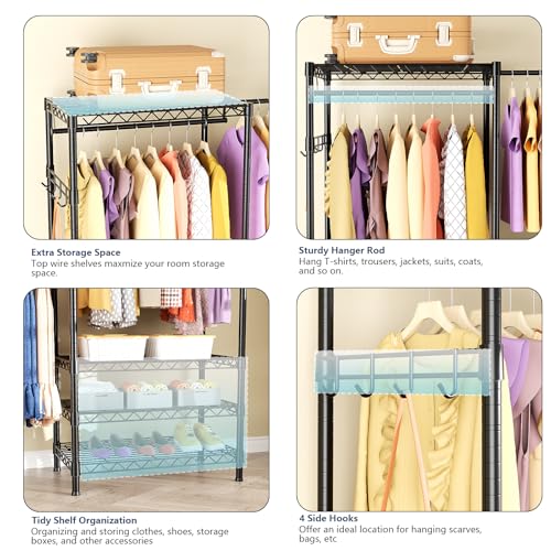Heavy Duty Closet Garment Rack, 6 Tiers Adjustable Metal Freestanding Expandable Clothing Storage with 4 Hanger Rods, Easy to Assemble Wardrobe, 71.4" H x (70" - 88.2") L x 14" D, Black - color: Black