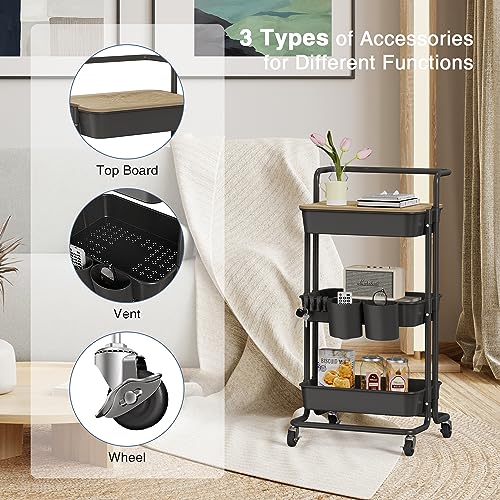 DTK 3 Tier Rolling Cart Uility Cart with Cover Board, Mobile Storage Cart with Wheels, Cups, Hooks for Office Utility Kitchen Bathroom Homeschool Art Craft Postpartum Teacher Cart Organizer(Black) - color: Black, size: Medium