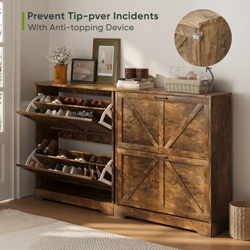 Smart FENDEE Shoe Cabinet, Shoe Storage Cabinet for Entryway with 2 Flip Drawers, Narrow Farmhouse Shoe Organizer Cabinet, Slim Shoe Rack Cabinet, 31.5 in Rustic Brown - color: Rustic Brown, size: Width - 31.5 inches
