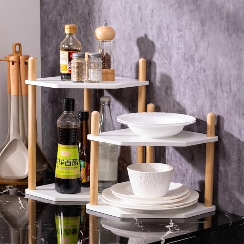 2-Tier Expandable Bamboo Corner Shelf - Dish/Plate Organizer for Cabinet, Kitchen Counter Shelf & Small Kitchen Shelf, Adjustable (6.7" H-White, 2-Tier) - color: 6.7"H-White-2
