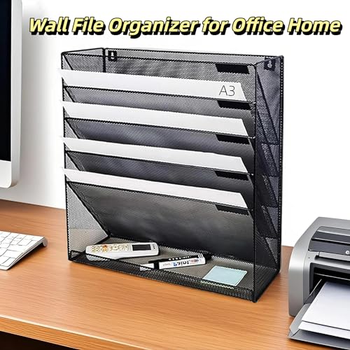 6 Tier Wall File Organizer, A3 Office Hanging Magazine Holder, Desktop Vertical Mail Paper Folder Holder Rack, Home Office Organization and Storage, Black (A3,6 Tier,Black) - color: A3 ,6 Tier ,Black