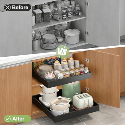 2-Pack-Expandable-Pull-Out-Cabinet-Organizers For Kitchen, Adjustable Slide Out No Drill Adhesive Drawers With Raising Pad For Framed Cabinet, Heavy Duty Sliding Roll Out Shelves Inside Cabinet - color: Black