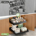 2-Pack-Expandable-Pull-Out-Cabinet-Organizers For Kitchen, Adjustable Slide Out No Drill Adhesive Drawers With Raising Pad For Framed Cabinet, Heavy Duty Sliding Roll Out Shelves Inside Cabinet - color: Black
