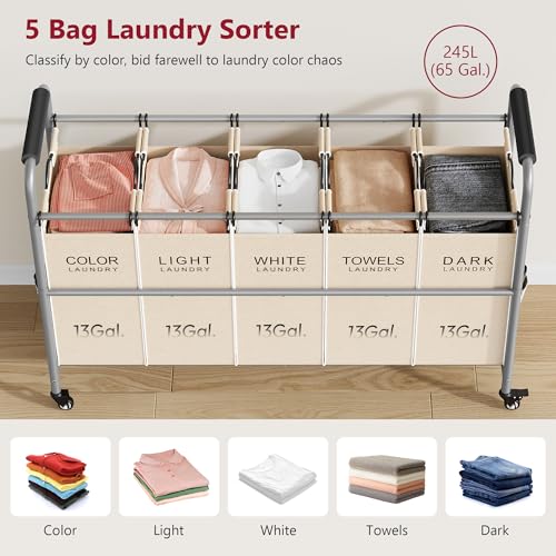 Tajsoon Laundry Sorter 5 Sections, Laundry Hamper with Heavy Duty Lockable Wheels and Removable Bags, 5 Bag Rolling Laundry Sorter Cart for Dirty Clothes Storage, Laundry Separator Hamper, Beige - color: Beige