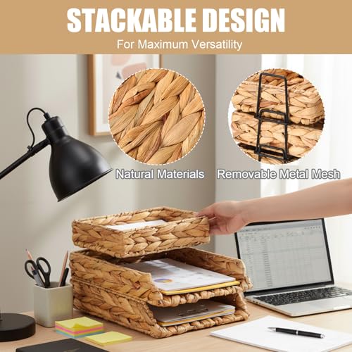 Geelin 3 Pack Water Hyacinth Woven Stackable Desk Organizer Letter Tray, Primary Color Tabletop Desk Basket for Storage Paper Letter Folders Notebooks Copy Print, Workspace Holder - color: Primary Color