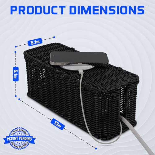Cable Management Box, Handmade Rattan Cable Organizer with 2 Open Slots, Cord Hider for Power Strip, Router & USB Hub, Registered U.S. Design Patent (D1,112,102), 13" x 5.1" x 5.1", Black - color: Black, style: Rectangle
