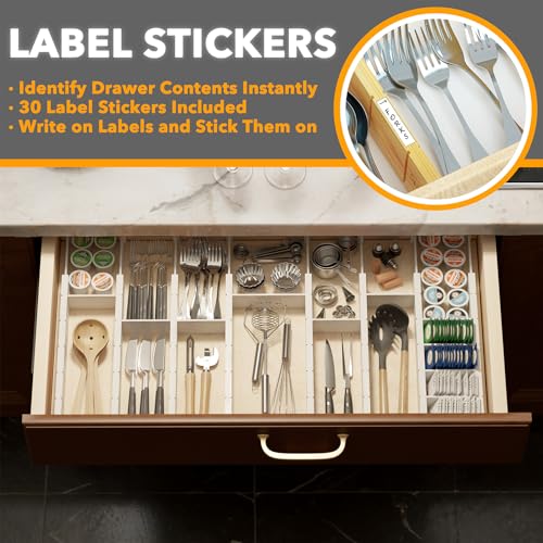 SpaceAid Bamboo Drawer Dividers with Inserts and Labels, Kitchen Adjustable Drawer Organizers, Expandable Organization for Home, Office, Dressers, 10 Dividers with 24 Inserts (17"-22" White) - color: WHITE, size: 2.35''H, 17''-22''L, 10 Dividers
